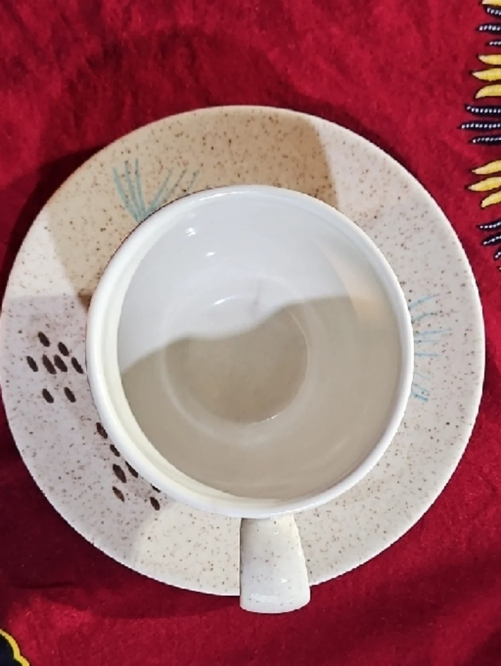 RedWing Speckled Beige Ceramic Teacup & Saucer with Blue Bird Motif